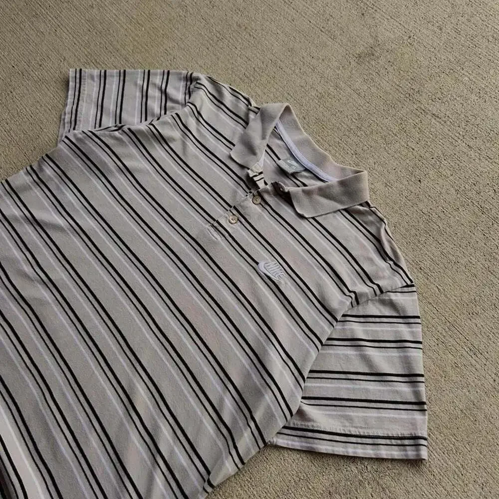 Nike Y2K Retro Striped Polo Shirt Large Gray Black Golf Preppy